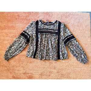 American Eagle Floral Crop Blouse Lace Trim Open Back Tie Size S